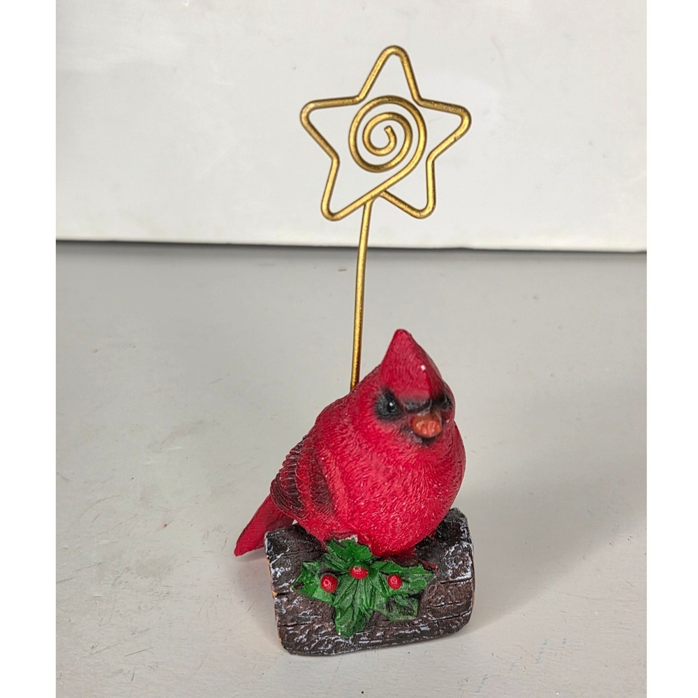 Red Cardinal Bird Figurine Photo Card Holder Star Wire Holiday Decor 6 Inch